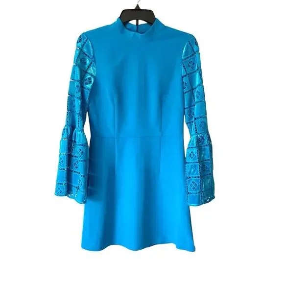 French Connection NWTs Garnet Velvet Lace Sleeve Turquoise Blue Mini Dress 4 - Picture 4 of 12